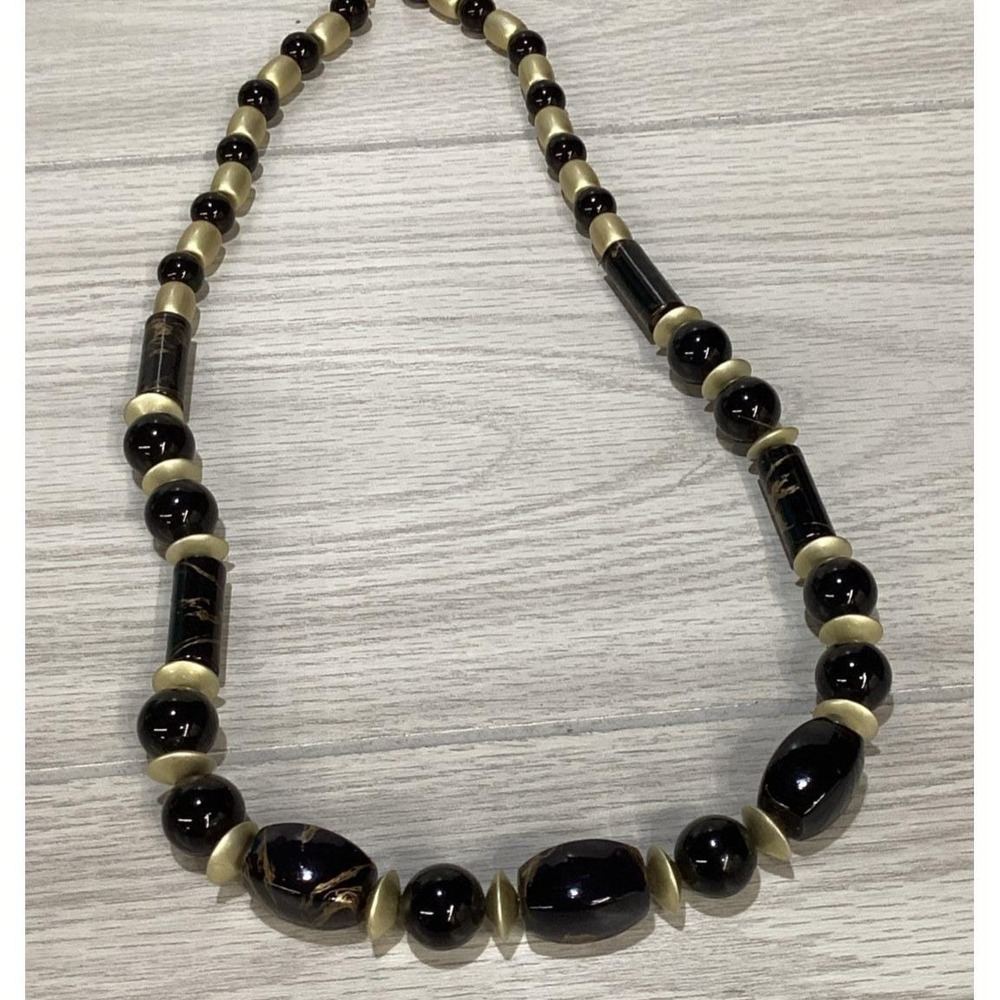 Goldtone 30" Necklace w/ Black & Gold Large Beads Vintage